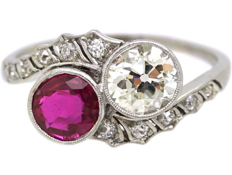 Early 20th Century Platinum, Ruby & Diamond Crossover Ring