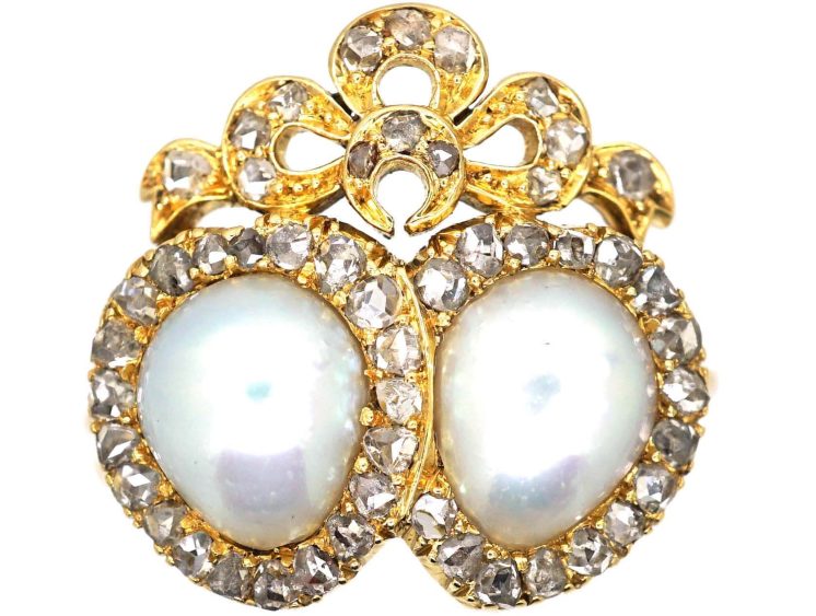 Victorian 18ct Gold Double Heart Ring set with Two Natural Pearls & Rose Diamonds