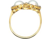 Victorian 18ct Gold Double Heart Ring set with Two Natural Pearls & Rose Diamonds