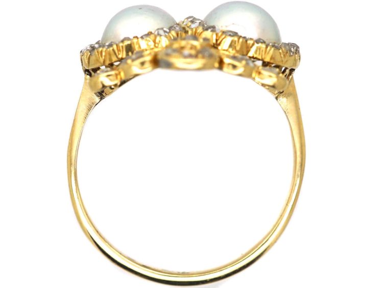 Victorian 18ct Gold Double Heart Ring set with Two Natural Pearls & Rose Diamonds