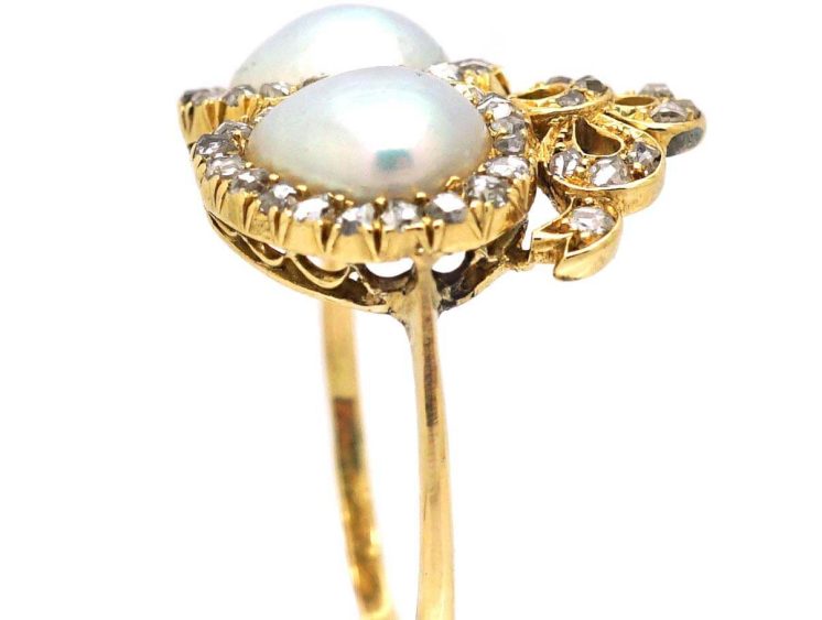 Victorian 18ct Gold Double Heart Ring set with Two Natural Pearls & Rose Diamonds