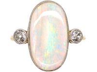 Art Deco 18ct Gold & Platinum, Large Cabochon Opal & Diamond Ring