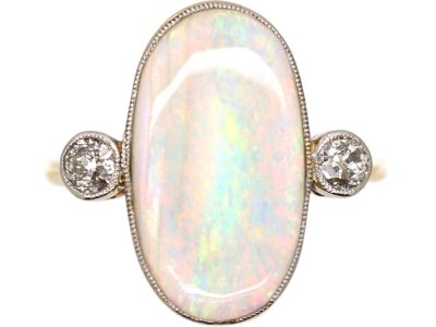 Art Deco 18ct Gold & Platinum, Large Cabochon Opal & Diamond Ring