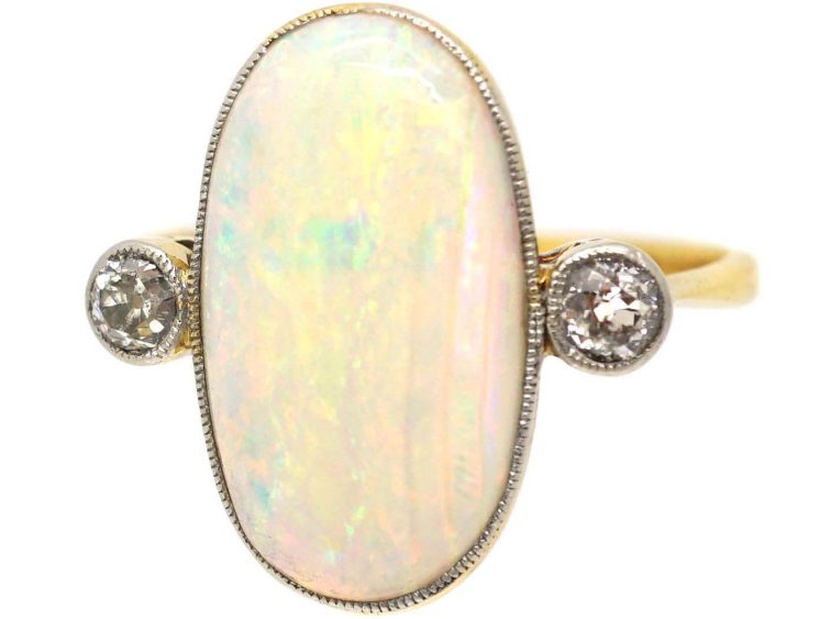Art Deco 18ct Gold & Platinum, Large Cabochon Opal & Diamond Ring
