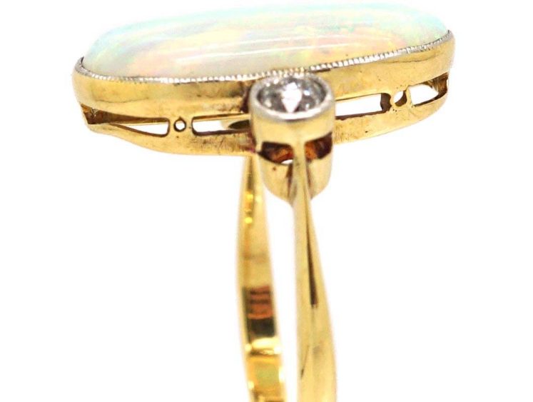 Art Deco 18ct Gold & Platinum, Large Cabochon Opal & Diamond Ring