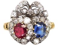 Victorian 18ct Gold & Silver Double Heart Ring set with Diamonds, a Sapphire & a Ruby