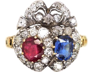 Victorian 18ct Gold & Silver Double Heart Ring set with Diamonds, a Sapphire & a Ruby
