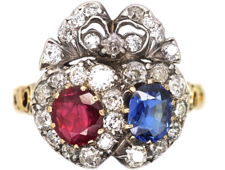 Victorian 18ct Gold & Silver Double Heart Ring set with Diamonds, a Sapphire & a Ruby