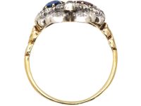 Victorian 18ct Gold & Silver Double Heart Ring set with Diamonds, a Sapphire & a Ruby