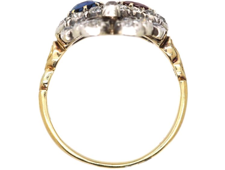 Victorian 18ct Gold & Silver Double Heart Ring set with Diamonds, a Sapphire & a Ruby