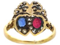 Victorian 18ct Gold & Silver Double Heart Ring set with Diamonds, a Sapphire & a Ruby