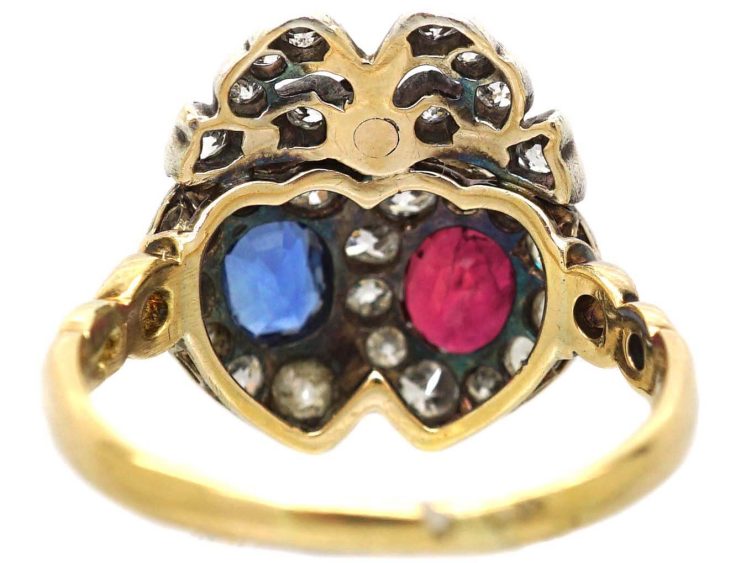 Victorian 18ct Gold & Silver Double Heart Ring set with Diamonds, a Sapphire & a Ruby