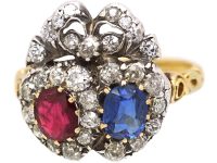 Victorian 18ct Gold & Silver Double Heart Ring set with Diamonds, a Sapphire & a Ruby