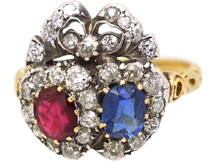 Victorian 18ct Gold & Silver Double Heart Ring set with Diamonds, a Sapphire & a Ruby