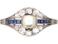 French Early 20th Century Platinum Ring set with a Natural Pearl, Sapphires & Diamonds