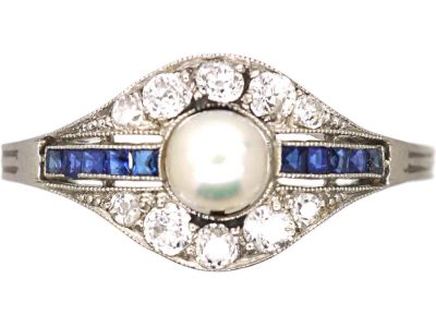 French Early 20th Century Platinum Ring set with a Natural Pearl, Sapphires & Diamonds