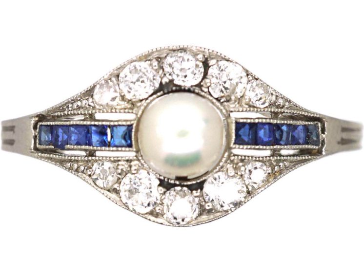 French Early 20th Century Platinum Ring set with a Natural Pearl, Sapphires & Diamonds