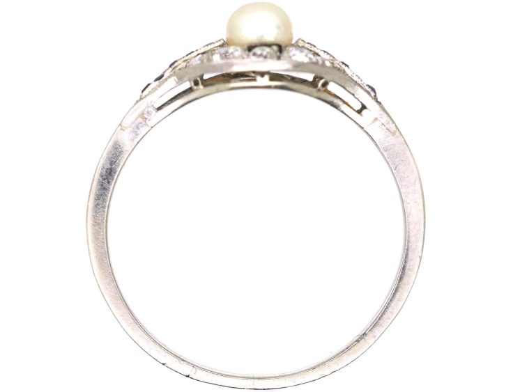 French Early 20th Century Platinum Ring set with a Natural Pearl, Sapphires & Diamonds