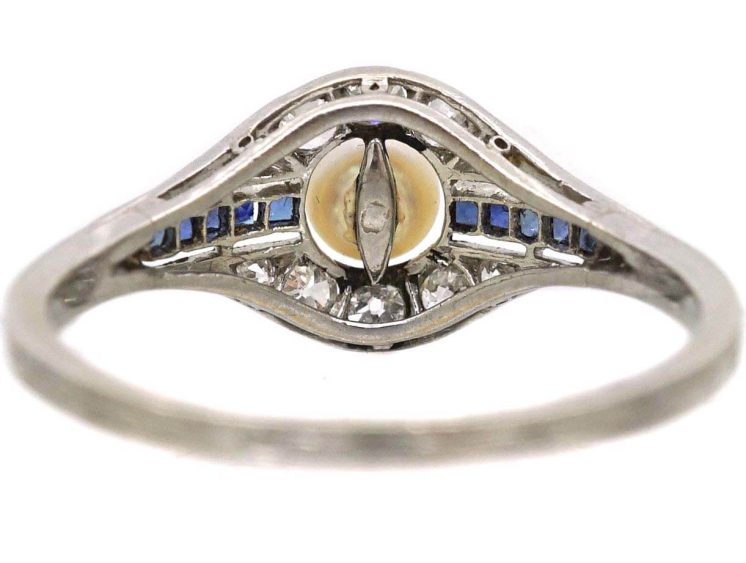 French Early 20th Century Platinum Ring set with a Natural Pearl, Sapphires & Diamonds