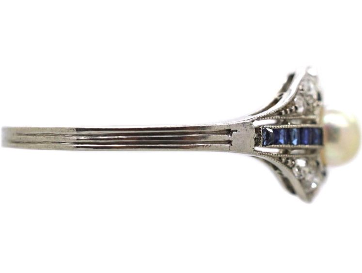 French Early 20th Century Platinum Ring set with a Natural Pearl, Sapphires & Diamonds