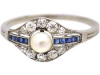 French Early 20th Century Platinum Ring set with a Natural Pearl, Sapphires & Diamonds
