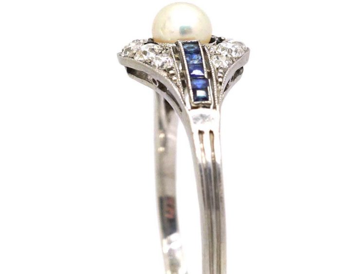 French Early 20th Century Platinum Ring set with a Natural Pearl, Sapphires & Diamonds