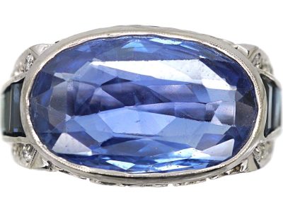 Large Sapphire Ring with Diamond & Sapphire Shoulders