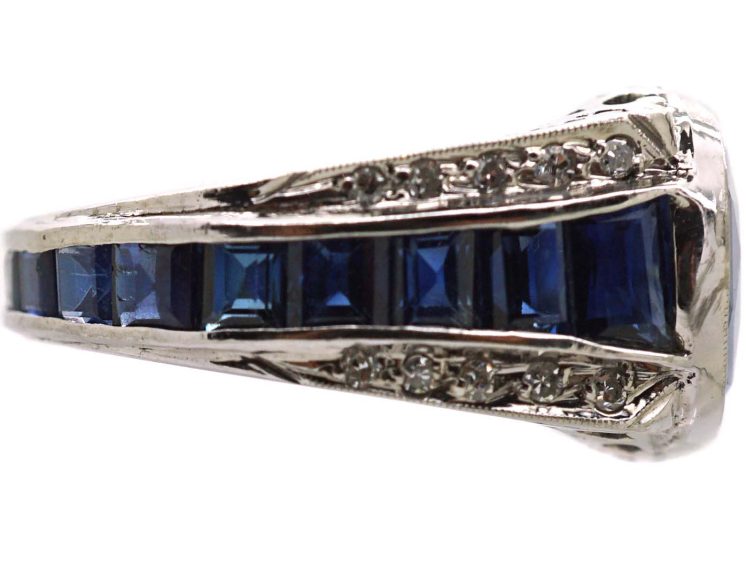 Large Sapphire Ring with Diamond & Sapphire Shoulders