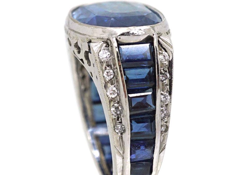 Large Sapphire Ring with Diamond & Sapphire Shoulders