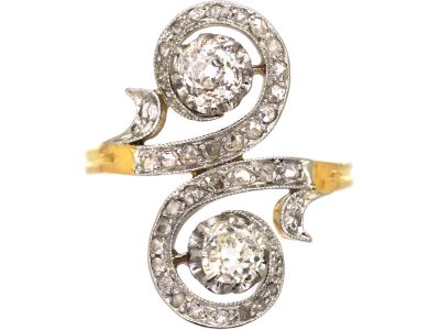 Art Nouveau French Import 18ct Gold & Platinum Fancy Crossover Ring set with Diamonds