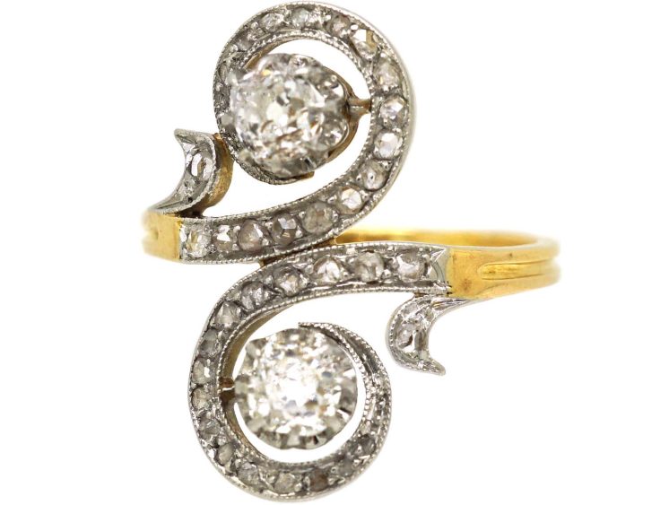 Art Nouveau French Import 18ct Gold & Platinum Fancy Crossover Ring set with Diamonds