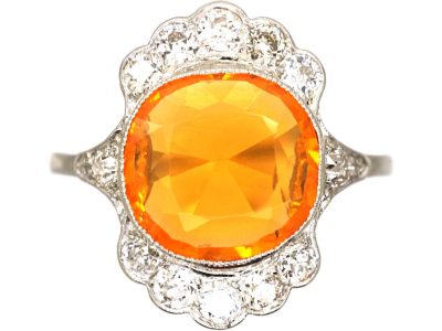 Art Deco 14ct White Gold Ring set with a Fire Opal & Diamonds