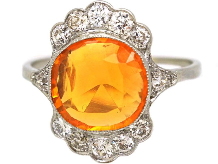 Art Deco 14ct White Gold Ring set with a Fire Opal & Diamonds