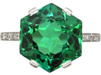 Art Deco Platinum Hexagonal Cut Green Tourmaline Ring with Diamond Set Shoulders