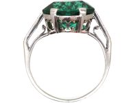 Art Deco Platinum Hexagonal Cut Green Tourmaline Ring with Diamond Set Shoulders