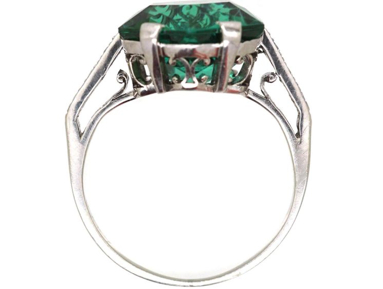 Art Deco Platinum Hexagonal Cut Green Tourmaline Ring with Diamond Set Shoulders