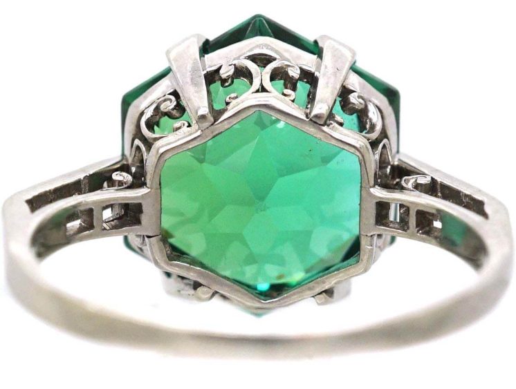 Art Deco Platinum Hexagonal Cut Green Tourmaline Ring with Diamond Set Shoulders