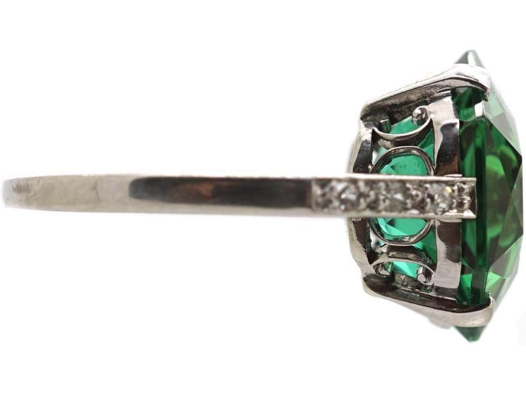 Art Deco Platinum Hexagonal Cut Green Tourmaline Ring with Diamond Set Shoulders