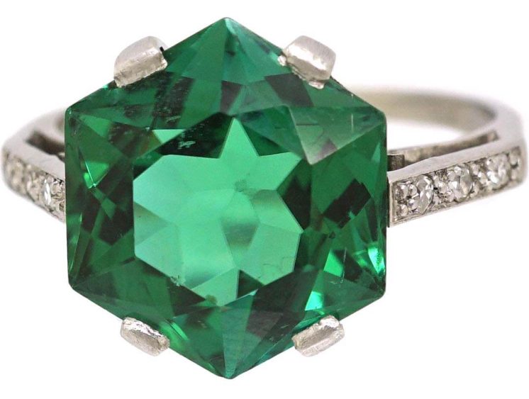 Art Deco Platinum Hexagonal Cut Green Tourmaline Ring with Diamond Set Shoulders