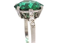 Art Deco Platinum Hexagonal Cut Green Tourmaline Ring with Diamond Set Shoulders