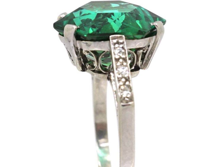 Art Deco Platinum Hexagonal Cut Green Tourmaline Ring with Diamond Set Shoulders