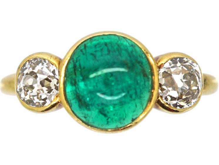 Early 20th Century 18ct Gold Ring set with a Cabochon Cut Emerald & Two Diamonds