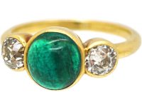 Early 20th Century 18ct Gold Ring set with a Cabochon Cut Emerald & Two Diamonds