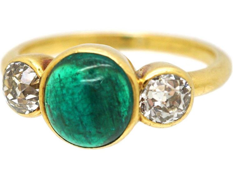Early 20th Century 18ct Gold Ring set with a Cabochon Cut Emerald & Two Diamonds