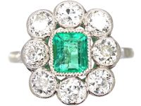 Early 20th Century Platinum, Emerald & Diamond Rectangular Cluster Ring