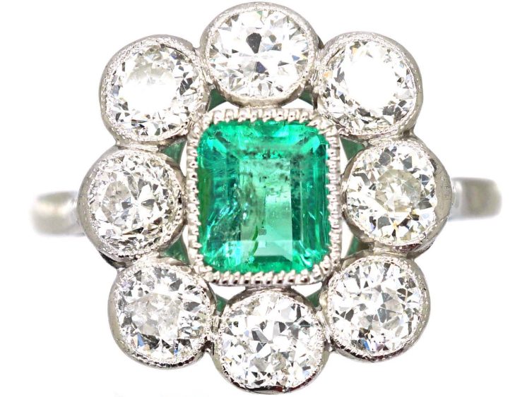 Early 20th Century Platinum, Emerald & Diamond Rectangular Cluster Ring