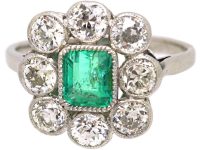 Early 20th Century Platinum, Emerald & Diamond Rectangular Cluster Ring