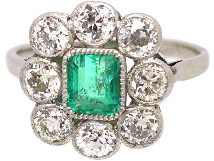 Early 20th Century Platinum, Emerald & Diamond Rectangular Cluster Ring