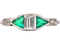 Art Deco Platinum Rectangular Cut Diamond & Triangular Cut Diamond Three Stone Ring