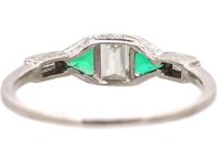 Art Deco Platinum Rectangular Cut Diamond & Triangular Cut Diamond Three Stone Ring